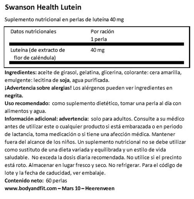 Ultra Lutein 40 mg Nutritional Information 1