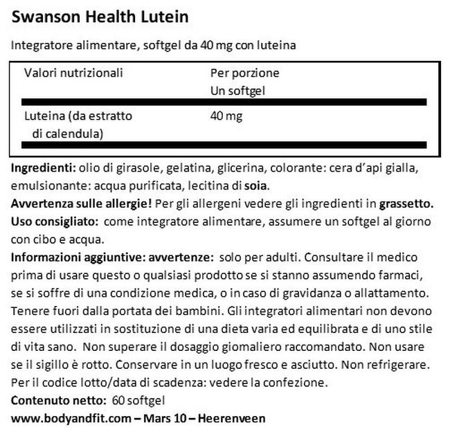 Ultra Luteina 40 mg Nutritional Information 1