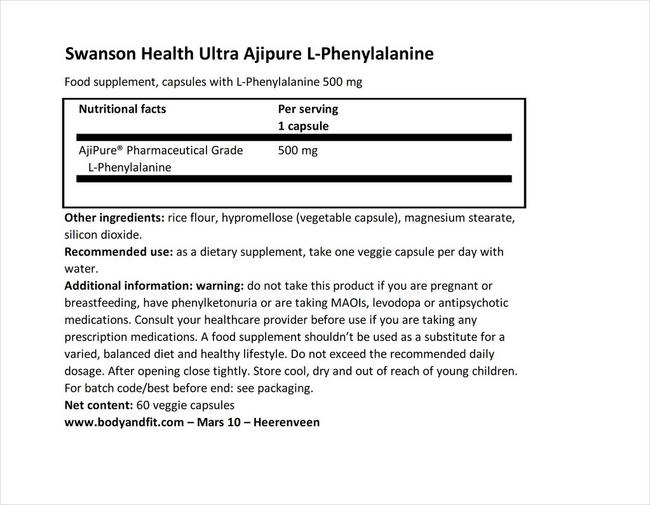 Ultra AjiPure L-Phenylalanine 500mg Nutritional Information 1