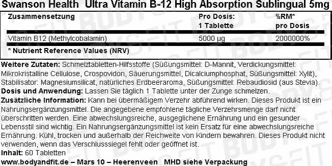 Ultra Vitamin B-12 High Absorption Sublingual 5 mg Nutritional Information 1