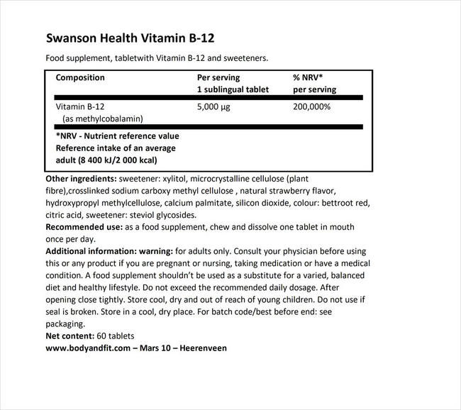 Ultra Vitamin B12 High Absorption 5mg Nutritional Information 1