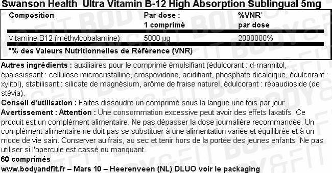 Ultra Vitamin B-12 High Absorption Sublingual 5mg Nutritional Information 1