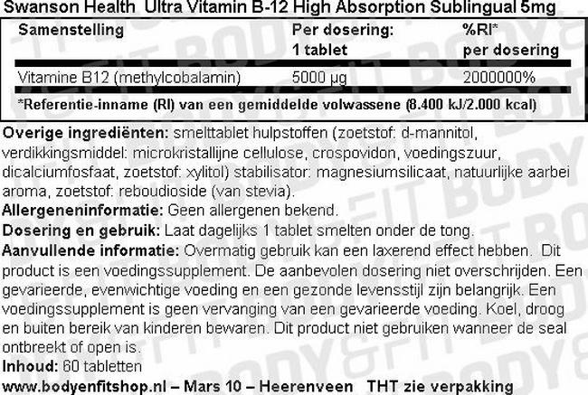 Ultra Vitamin B-12 High Absorption Sublingual 5mg Nutritional Information 1