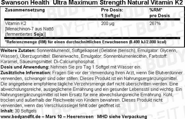 Ultra Maximum Strength Natural Vitamin K2 200 mcg Nutritional Information 1