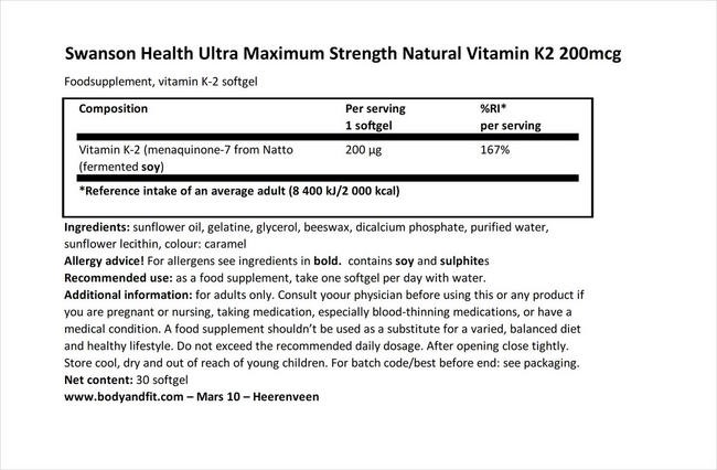 Ultra Max Strength Natural Vitamin K2 200 µg Nutritional Information 1