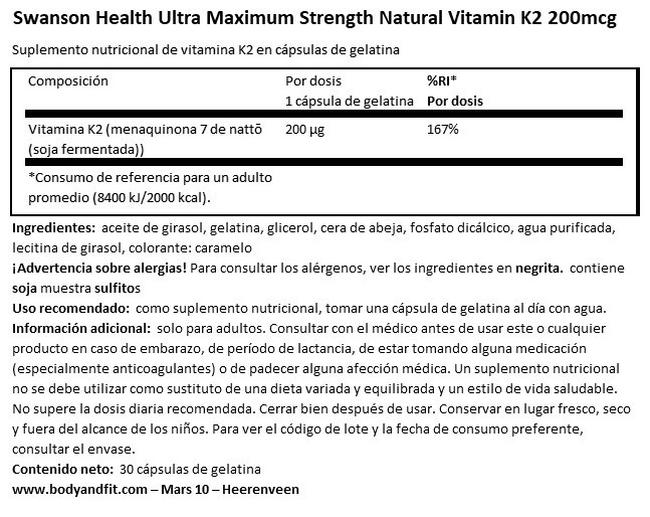 Ultra Max Strength Natural Vitamin K2 200 µg Nutritional Information 1