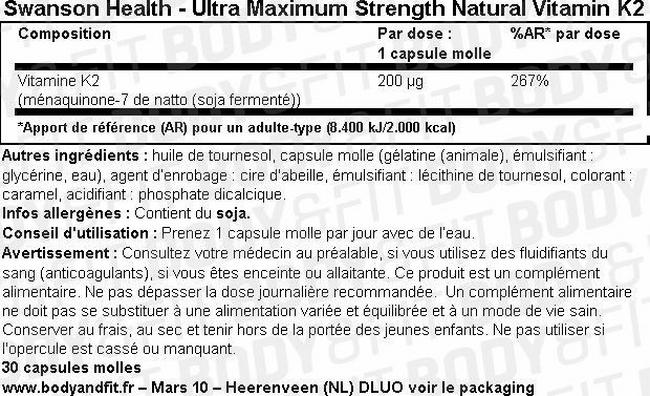 Vitamine K2 naturelle ultra-puissante Ultra Max Strength Natural Vitamin K2 200 µg Nutritional Information 1