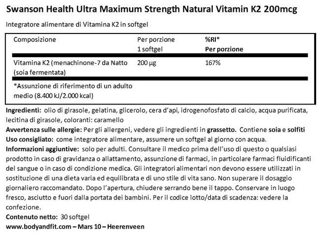 Ultra Max Strenght Natural Vitamina K2 200 mg Nutritional Information 1