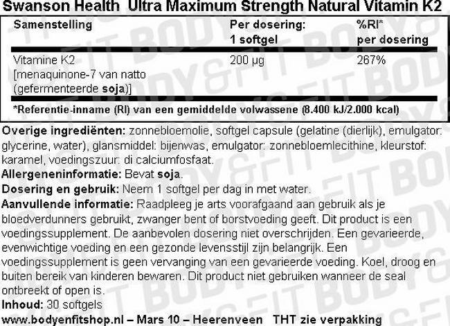 Ultra Maximum Strength Natural Vitamin K2 200mcg Nutritional Information 1