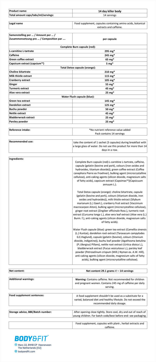 14 Day Killer Body Nutritional Information 1