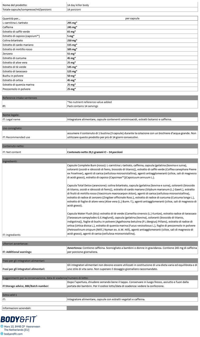 14 Day Killer Body Nutritional Information 1