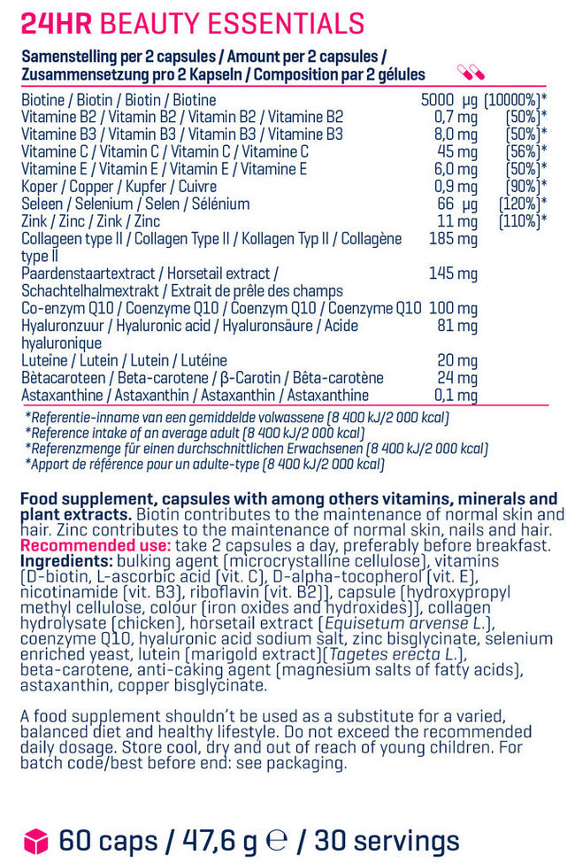 24hr Beauty Essentials - 60 caps Nutritional Information 1