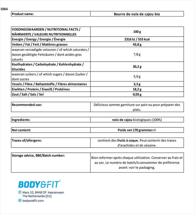 Beurre de cajou Nutritional Information 1