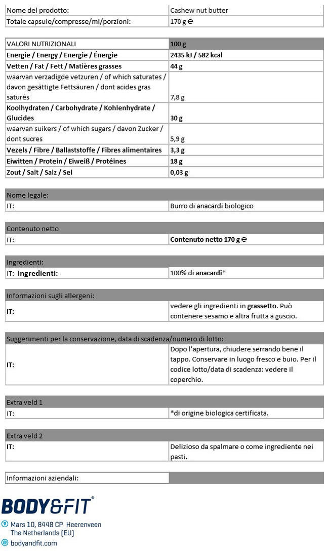 Burro di Anacardi Bio Nutritional Information 1