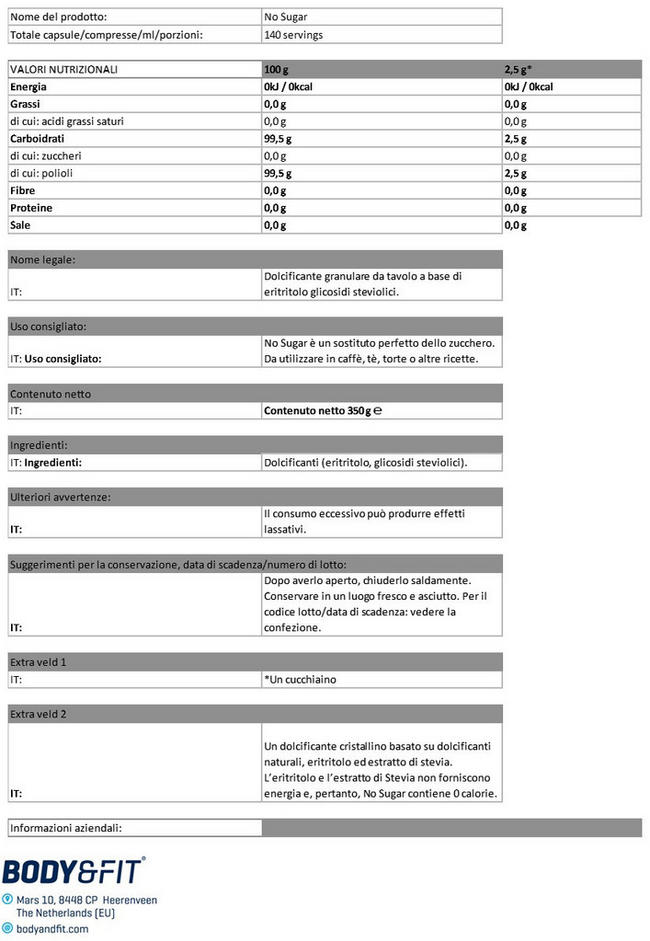 No Sugar Nutritional Information 1