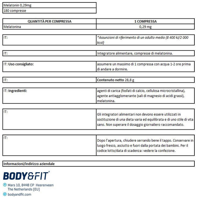 Melatonina Nutritional Information 1