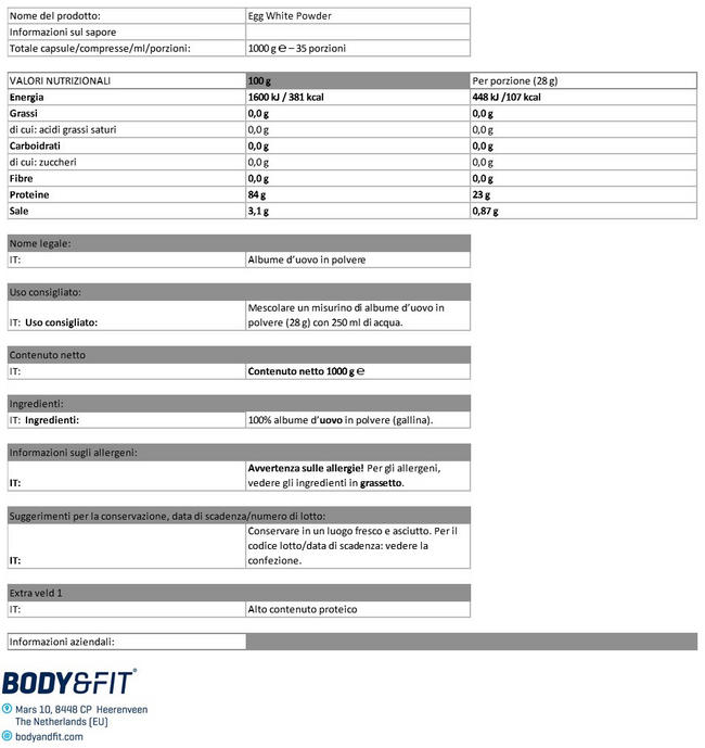 Polvere proteica di Albumi d'uovo Nutritional Information 1