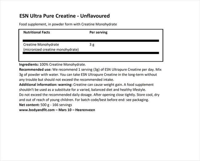 Ultra Pure Creatine Nutritional Information 1