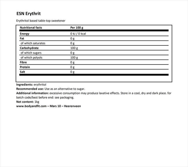 Erythrit Nutritional Information 1
