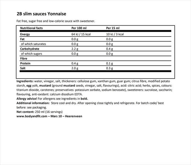 2BSlim ヨネーズ Nutritional Information 1