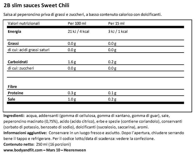Salsa al Peperoncino Dolce 2BSlim Nutritional Information 1
