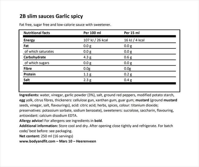 2BSlim Spicy Garlic Nutritional Information 1