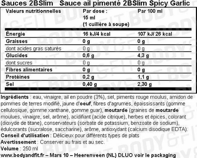 Sauce épicée à l’ail 2BSlim Spicy Garlic Nutritional Information 1