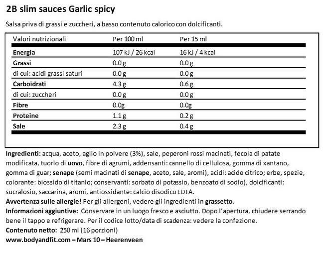 Salsa all'Aglio Piccante 2BSlim Nutritional Information 1