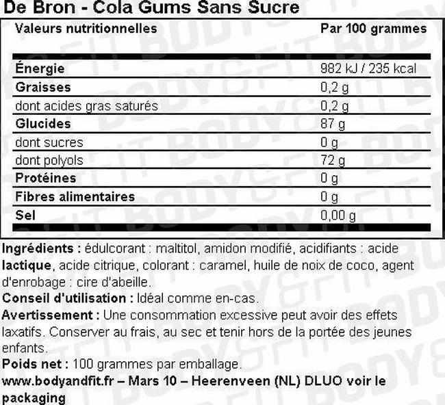 Bonbons au cola sans sucre Cola Gums Nutritional Information 1