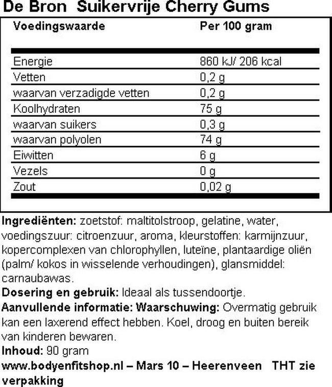 Suikervrije Cherry Gums Nutritional Information 1