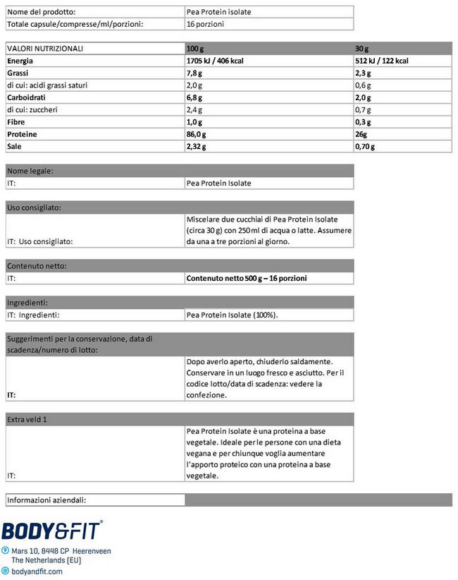 Isolato Proteico di Piselli Nutritional Information 1