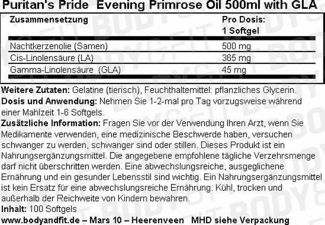 Evening Primrose Oil 500 ml with GLA Nutritional Information 1