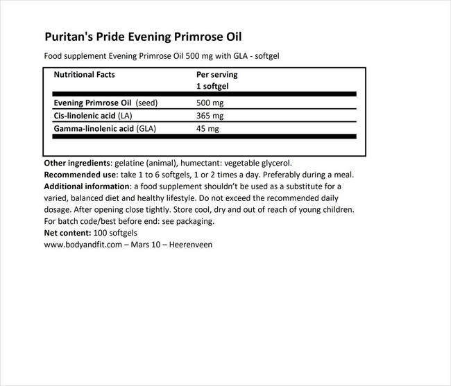Evening Primrose Oil 500mg with GLA Nutritional Information 1