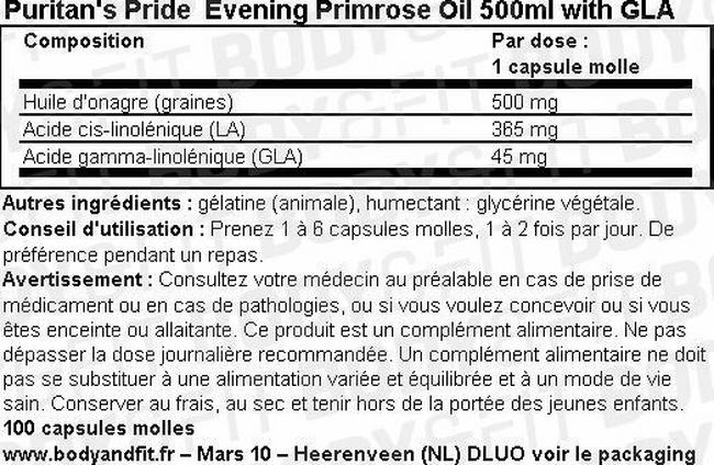 Huile d’onagre Evening Primrose Oil 500 mg with GLA Nutritional Information 1