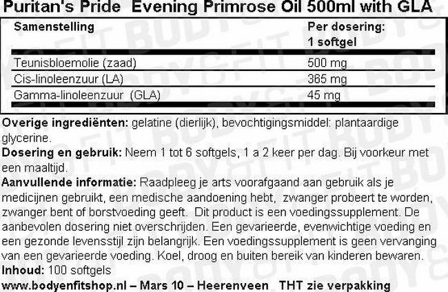 Evening Primrose Oil 500ml with GLA Nutritional Information 1