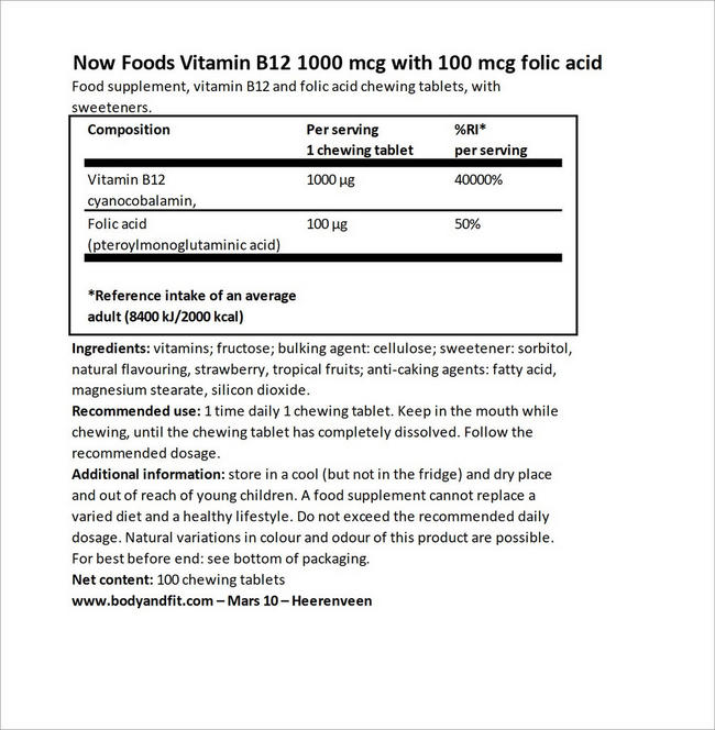 Comprimés de vitamine B12 Vitamin B12 1000 µg with 100 µg folic acid Nutritional Information 1