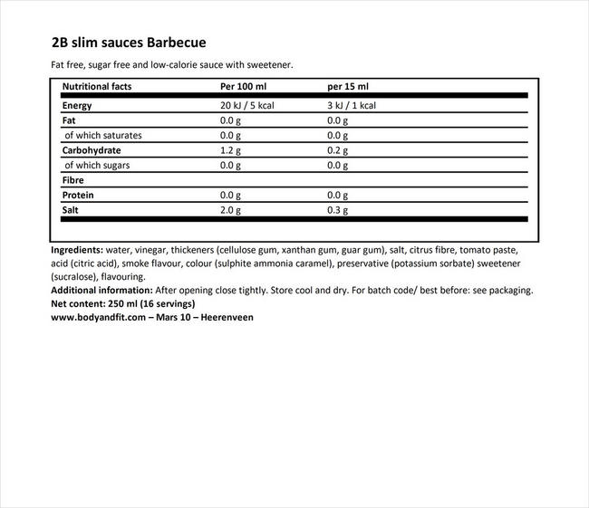 2BSlim BBQ saus Nutritional Information 1