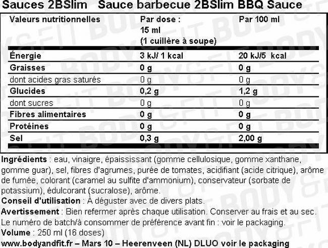 Sauce BBQ 2BSlim Nutritional Information 1