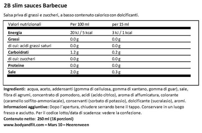 Salsa Barbecue 2BSLIM Nutritional Information 1