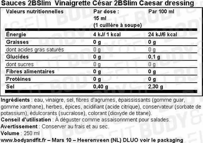 Vinaigrette César 2BSlim Caesar Dressing Nutritional Information 1
