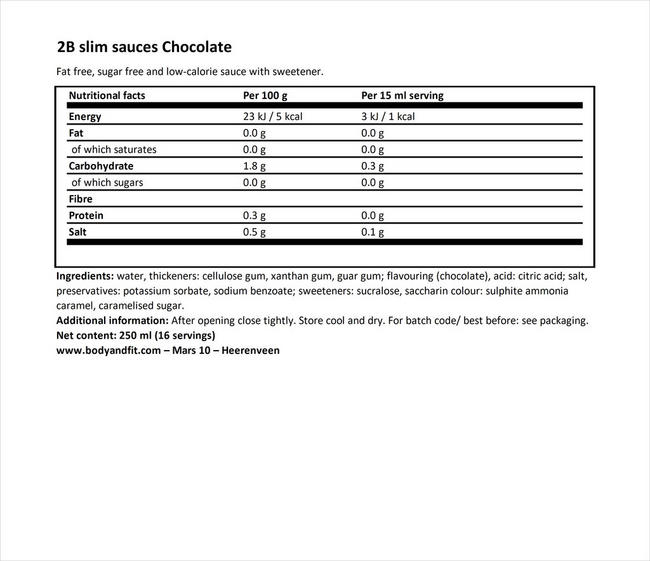 2BSlim Chocolate Sauce Nutritional Information 1
