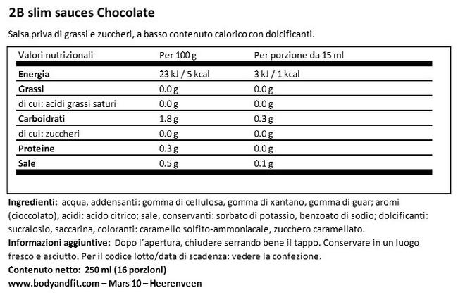 Salsa al Cioccolato 2BSlim Nutritional Information 1
