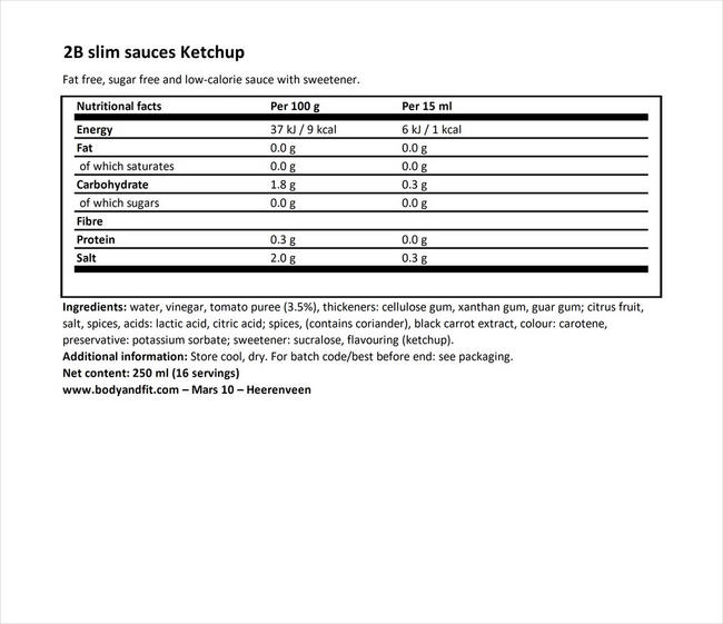 2BSlim Ketchup Nutritional Information 1