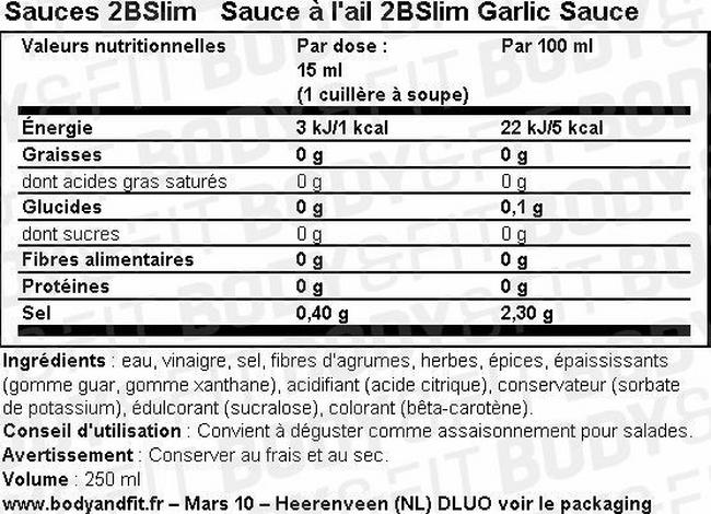 Sauce à l’ail 2BSlim Garlic Sauce Nutritional Information 1