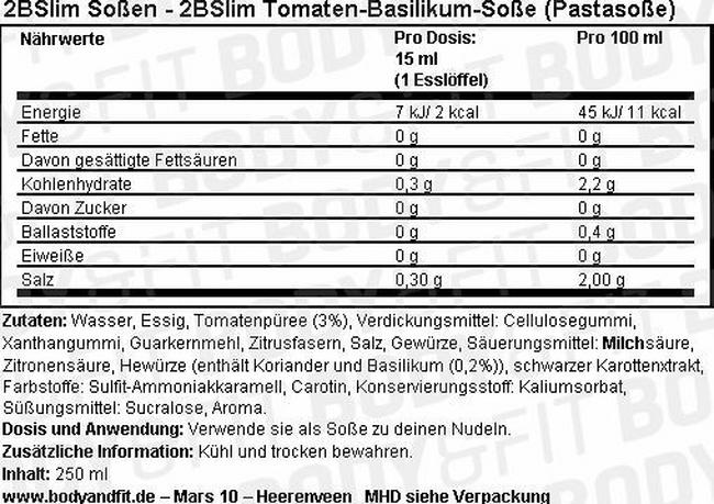 2BSlim Tomaten Basilikumsoße (Pastasoße) Nutritional Information 1