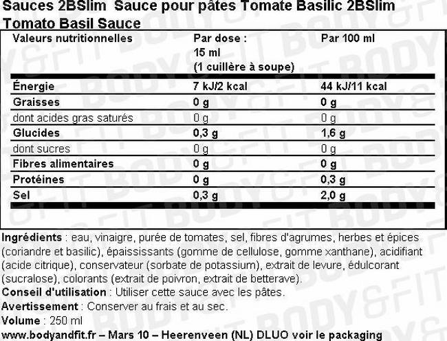 Sauce tomate au basilic 2BSlim Basil Tomato Nutritional Information 1