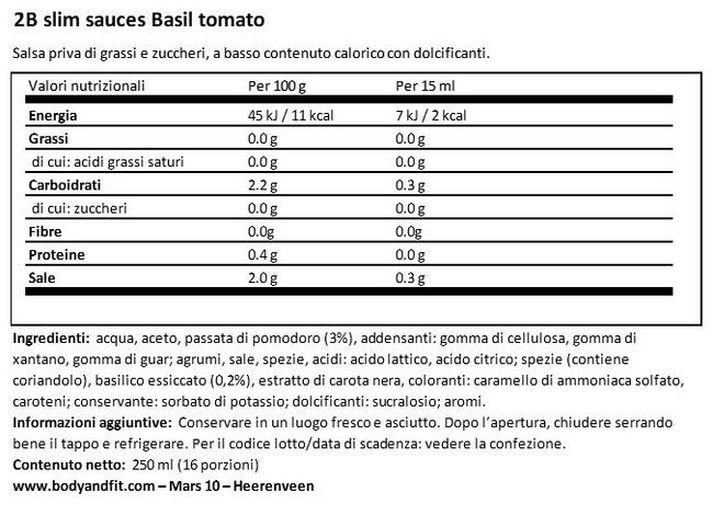 Salsa Pomodoro Basilico 2BSlim Nutritional Information 1