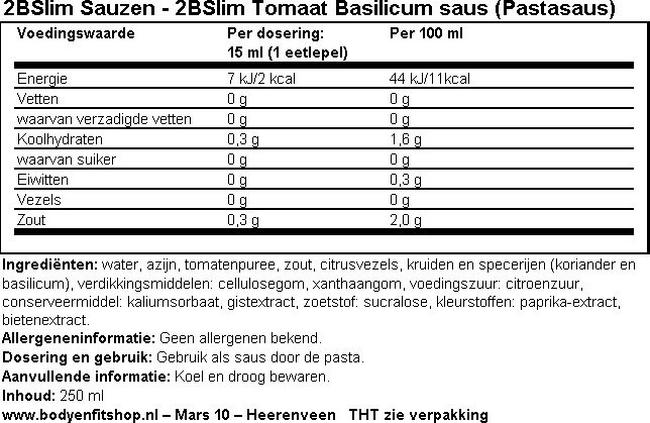 Tomaat Basilicum Saus (Pastasaus) Nutritional Information 1