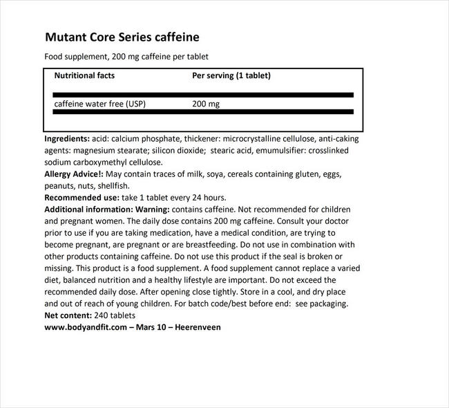Core Series Caffeine Nutritional Information 1