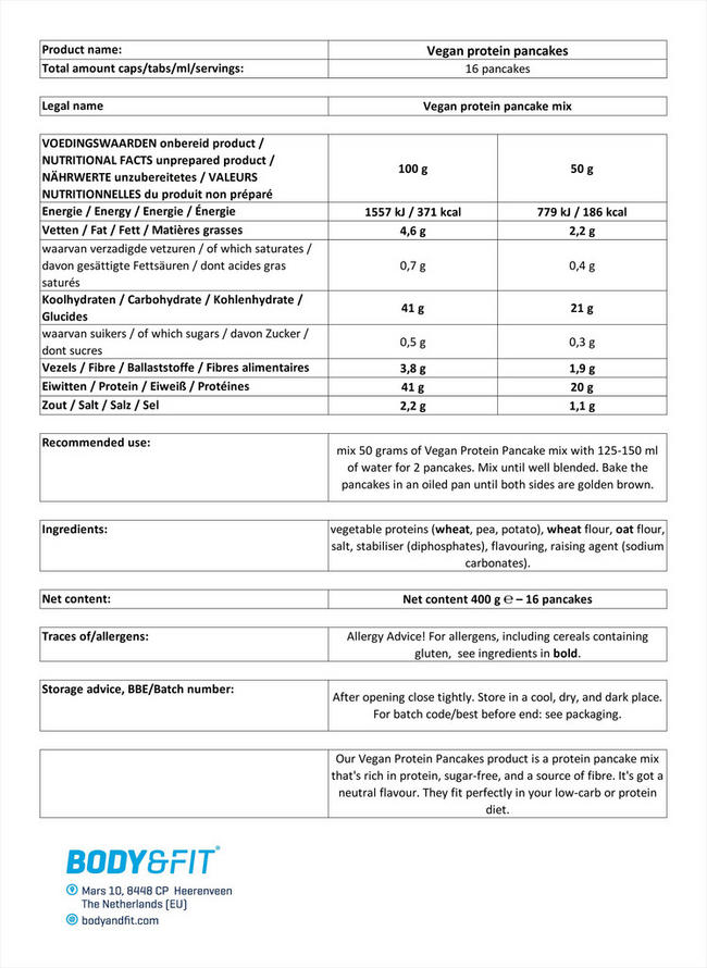 ビーガンプロテイン パンケーキ Nutritional Information 1